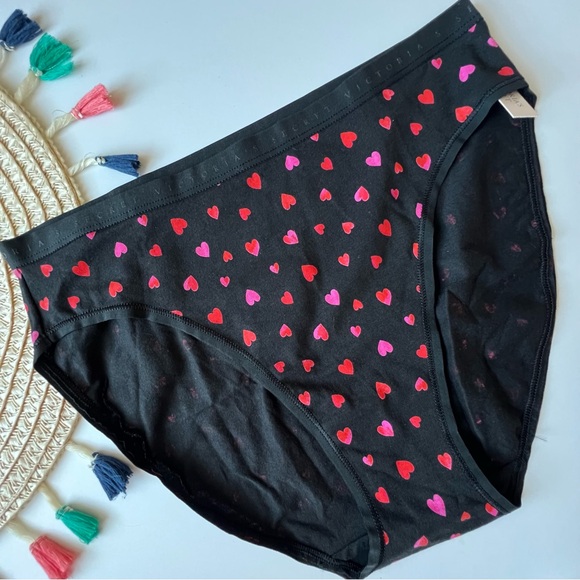 Victoria's Secret Stretch Cotton High-Leg Brief Panty Black w Hearts Small NEW - Picture 2 of 3